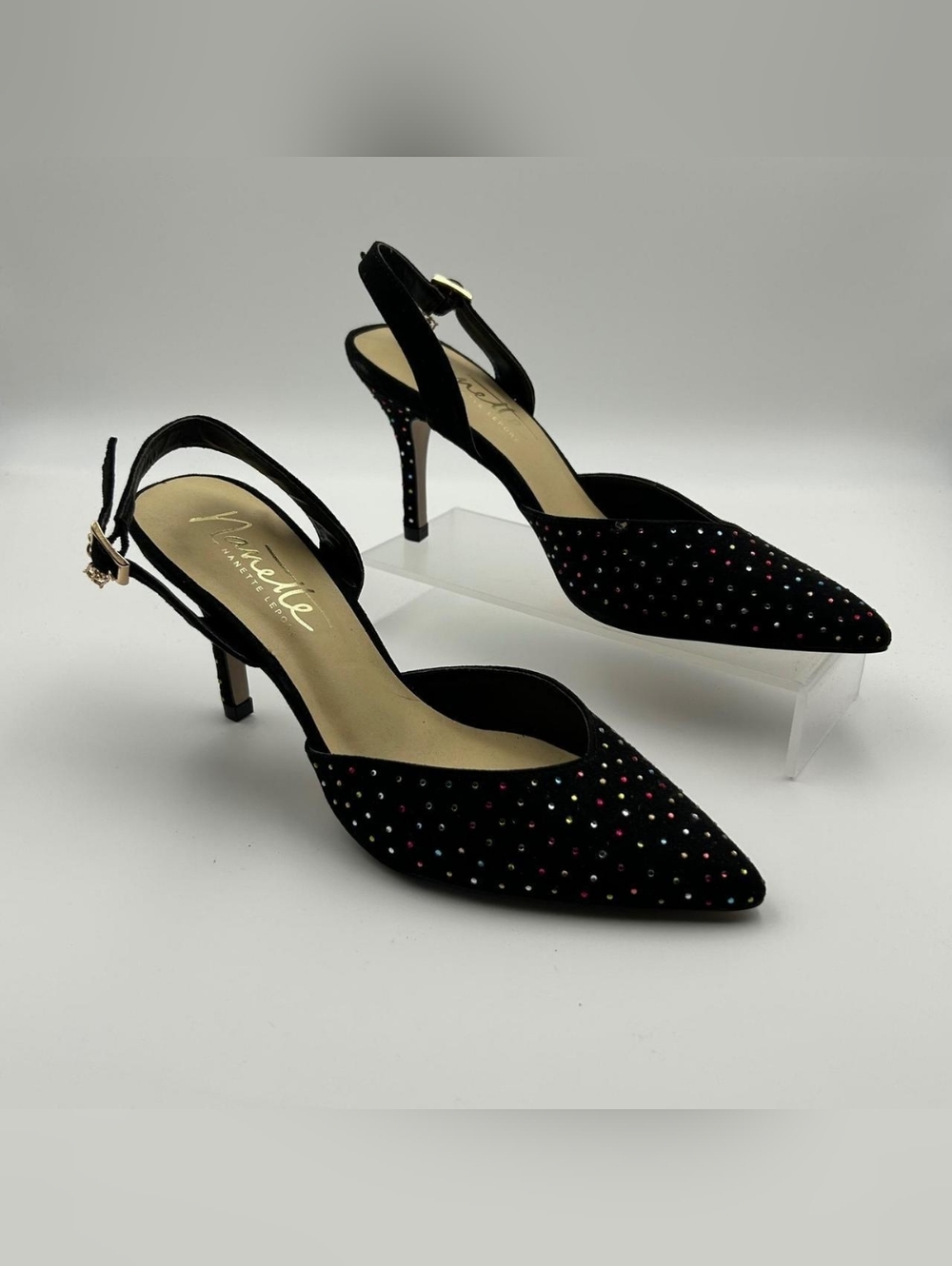 Nanette Lepore Slingback Heels Shoes 6 Black Excellent Rainbow Rhinestone Whimsy